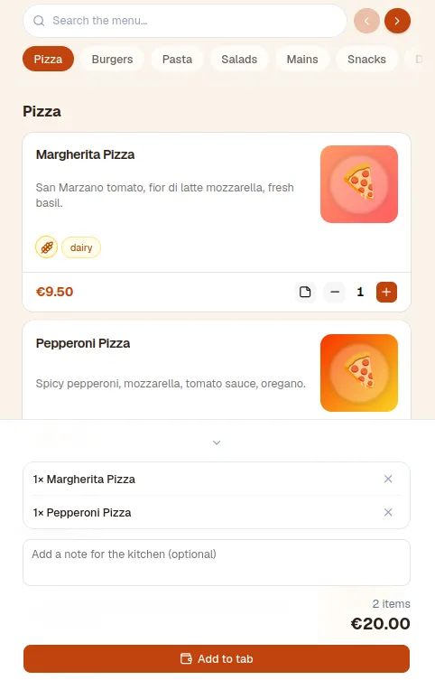 Ordingo customer-facing cart view showing selected items and total before checkout