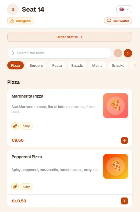 Ordingo customer-facing mobile menu with categories, items, and an add-to-cart button