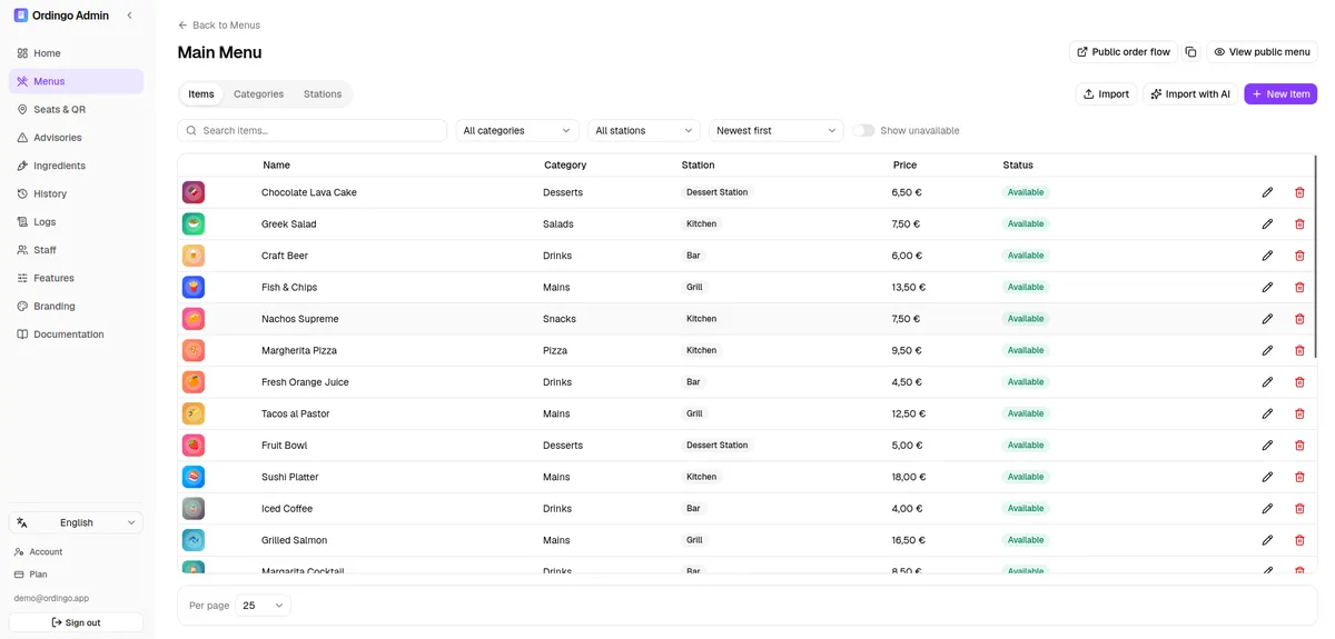 Ordingo admin menu items list with categories, stations, and prices